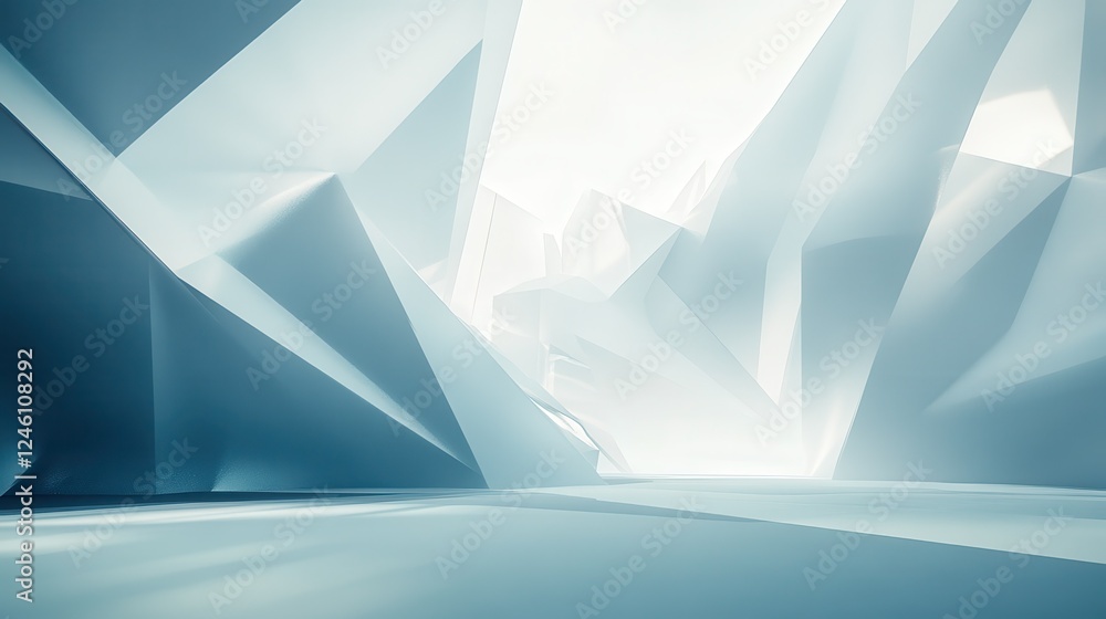 Poster minimalist blue tech background with angular shapes and soft light accents, creating a sleek, futuri