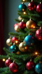 Decorated Christmas tree with multicolored ornaments and lights, seasonal decor, colorful ornaments