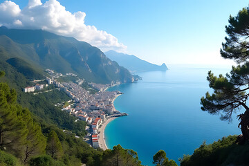 Fototapeta premium Stunning Coastal Town Panorama Mediterranean Sea Mountains and Lush Greenery