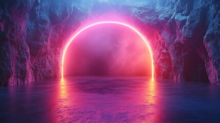 Neon circle cave portal, reflection, fantasy background