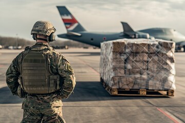 Soldier oversees cargo loading, airport, military aircraft