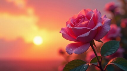 Obraz premium A Single Dew-Kissed Pink Rose at Sunset, Bathed in Golden Light, a Symbol of Grace and Tranquility in Nature's Embrace