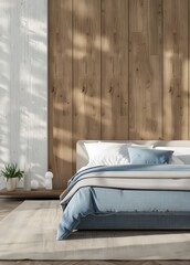 Modern bedroom with a wooden wall. a white bed. and blue bedding