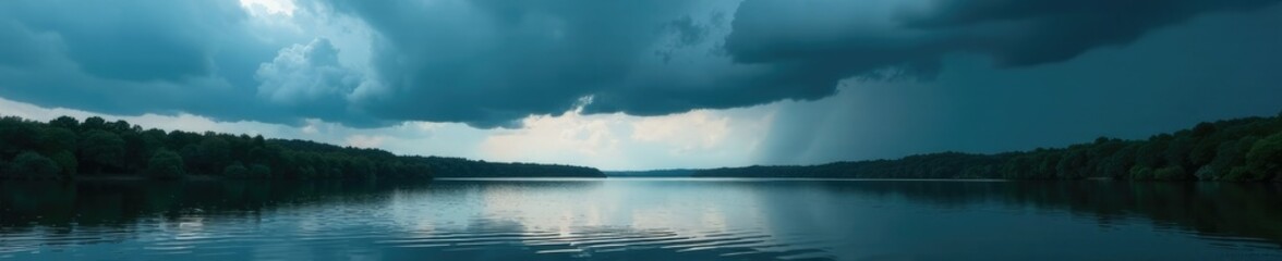 Obraz premium Dark grey clouds above a river with ripples on the water, reflection, thunderstorm