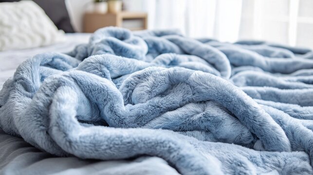 A light blue plush blanket lies elegantly on a soft bed, capturing the warmth of sunlight streaming in through the window, creating a peaceful and inviting atmosphere
