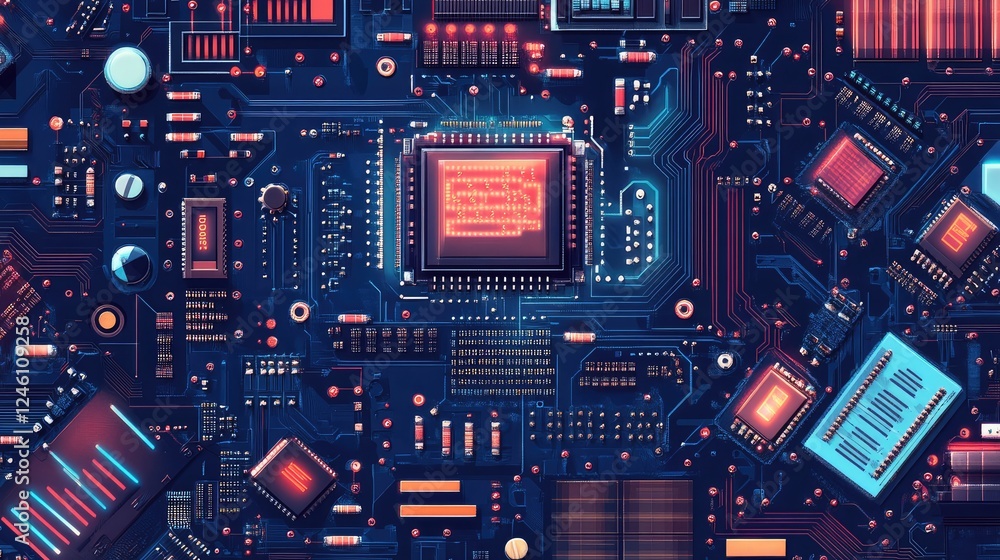 Poster futuristic ai microchip processor illustration with circuit board and electronic components symboliz