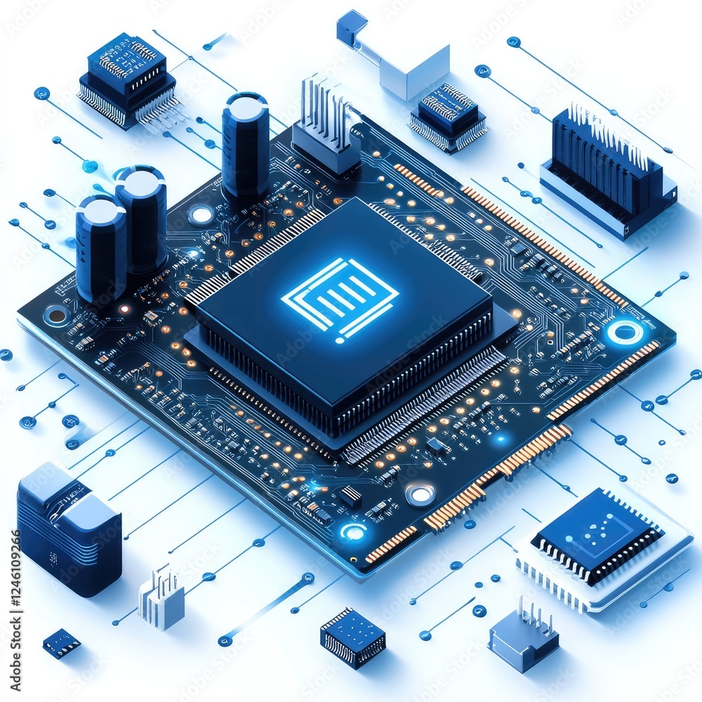Poster cutting-edge ai microchip processor illustration featuring circuit board and electronic components s