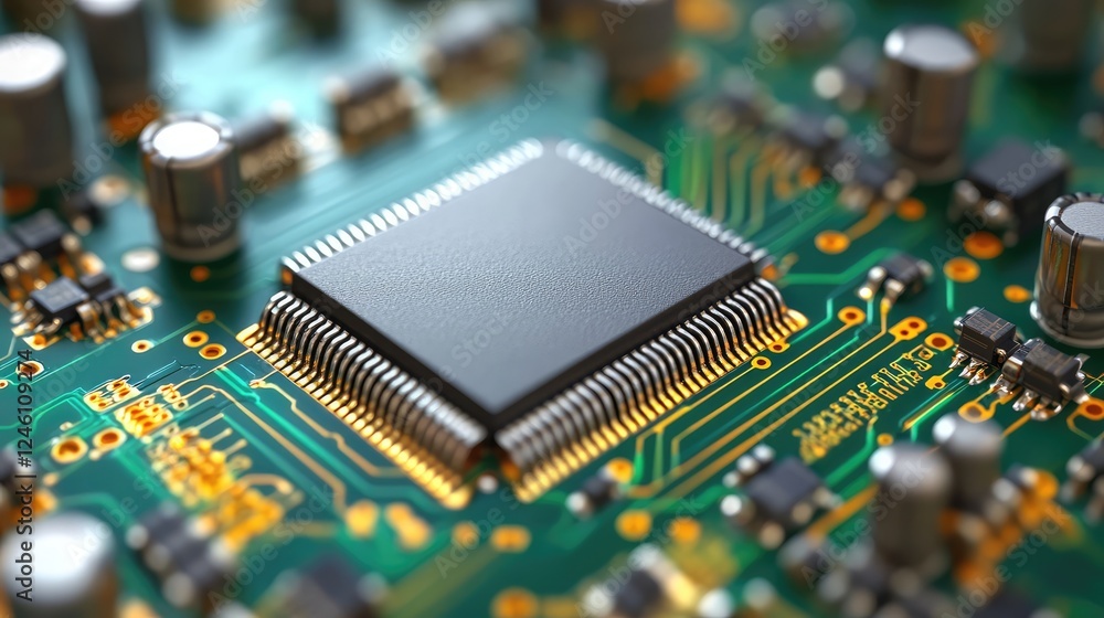 Poster futuristic ai microchip processor illustration with circuit board and electronic components symboliz