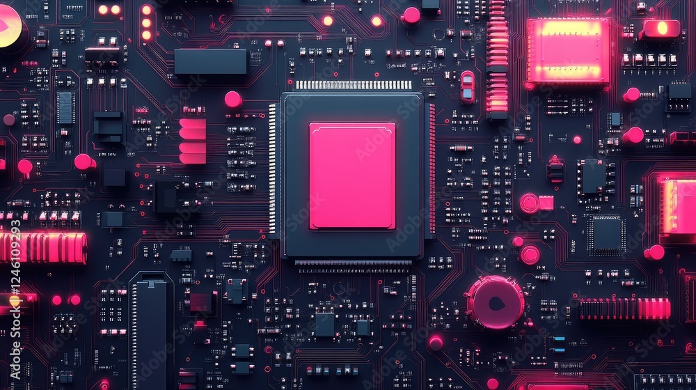 Poster futuristic ai microchip processor illustration with circuit board and electronic components symboliz