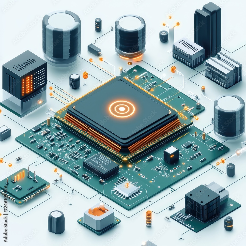 Poster cutting-edge ai microchip processor illustration featuring circuit board and electronic components s