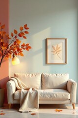 Cozy autumnal living room interior design with off-white sofa and warm-toned d?cor