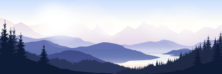 Obraz premium Layered mountain landscape with a winding river and pine trees in soft blue tones, set against a sunrise sky. Nature and tranquility concept. Vector illustration