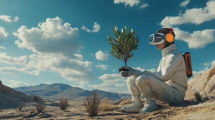 Obraz premium Individual in virtual reality gear planting a tree in a desert landscape