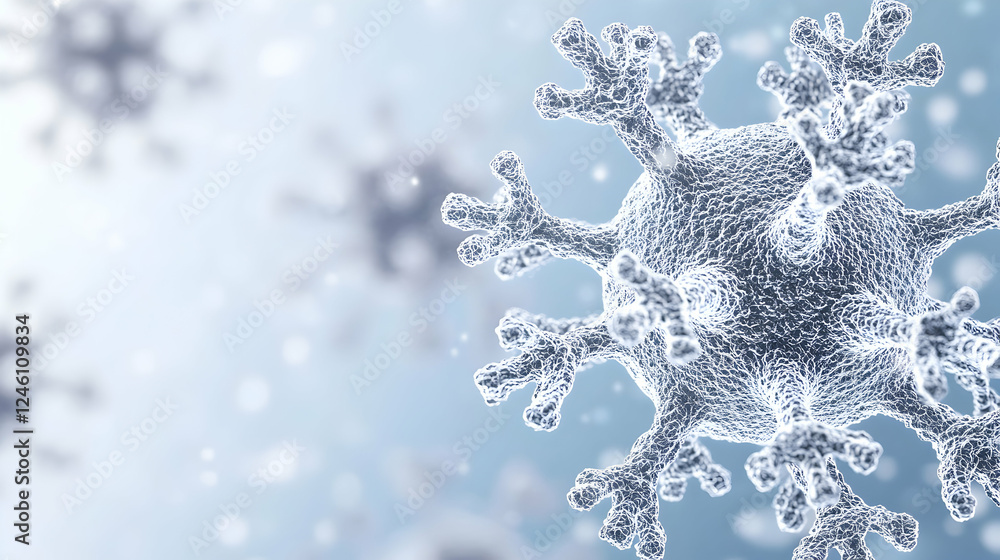 Poster microscopic view of a virus particle, detailed 3d render of a viral structure against a blurred back