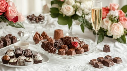 A romantic Valentine setup with chocolates, champagne, and a bouquet of roses on a white linen tablecloth.