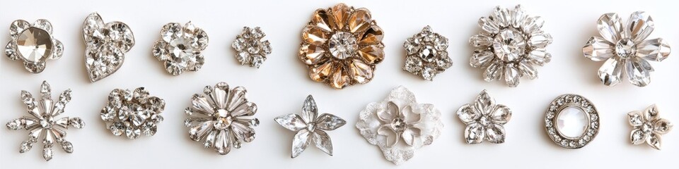 Fototapeta premium Rhinestone floral embellishments arranged on white background, showcasing design variety for crafting