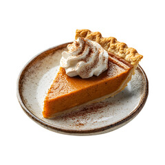 Slice of Pumpkin Pie on Rustic Plate with Whipped Cream Isolated on Transparent Background