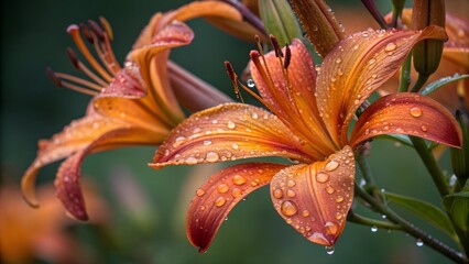 Orange Lily Dew Drops: Close-up view of two vibrant orange lilies adorned with glistening dewdrops, showcasing the intricate details of the petals and stamens.  The soft.