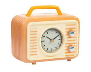 Retro alarm clock with radio design in orange and cream colors, featuring round face and two knobs. Perfect for vintage decor enthusiasts