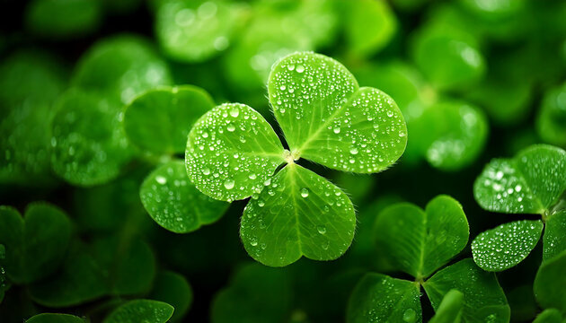 Vibrant close-up of dew-kissed clover leaves. Perfect for St. Patrick's Day, spring themes, or nature-related designs. High-resolution image with lush green tones and a shallow depth of field.