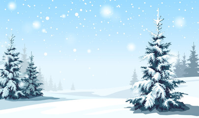 Fototapeta premium Snow-covered pine trees in a serene winter landscape with snowfall on a bright blue sky background. Tranquil nature and holiday season concept. Vector illustration