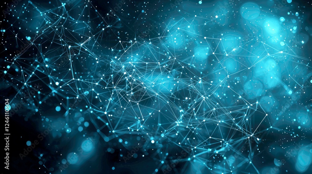 Poster abstract network connections: a futuristic digital universe of nodes and lines, glowing in the dark