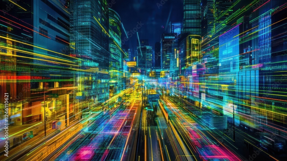Poster a futuristic cityscape with towering skyscrapers and neon colored lines representing pathways of dat