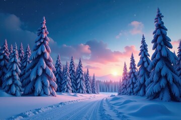 A winter wonderland with tall snowy trees and a bright blue sky at dusk under the stars, forest, frozen landscape