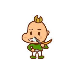 歯を磨く緑の服を着てマフラーを巻いた男の子