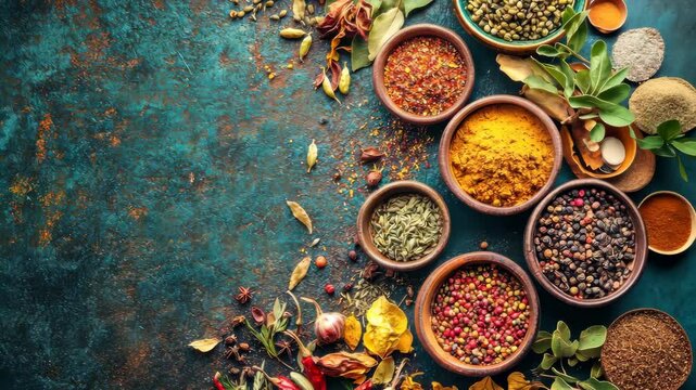 Vibrant spices and herbs arranged in organic patterns on rustic background