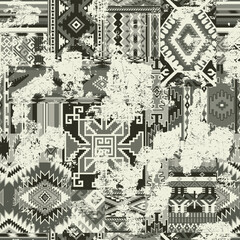 Obraz premium Adobe Native American traditional fabric patchwork wallpaper vintage vector seamless pattern for shirt fabric wrapping carpet rug tablecloth pillow grunge effect in separate layerIllustrator Artwork
