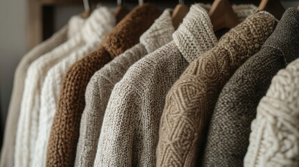 Cozy Knitwear Collection: A stylish array of neutral-toned knit sweaters hangs neatly on wooden hangers, showcasing a variety of textures and patterns, perfect for autumn or winter. 