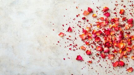 Fototapeta premium A scattering of pink rose petals on a light-colored surface, with plenty of copy space for creative messaging.