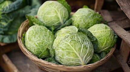 Fototapeta premium Fresh Green Cabbages in a Basket