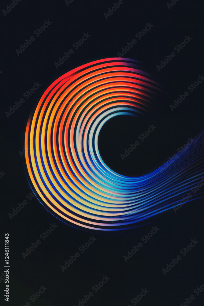 Poster A retro-futuristic animation of a vibrant elliptical form with alternating stripes of red, orange,