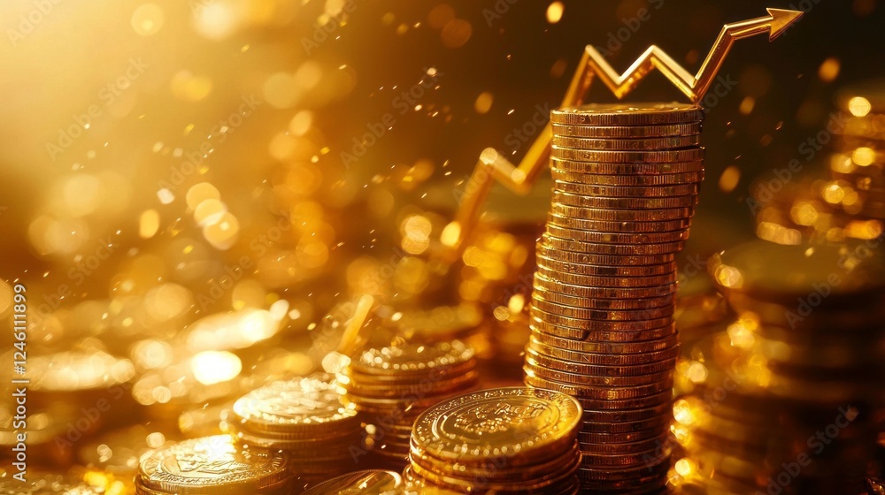 Aufkleber stacks of gleaming gold coins symbolize financial growth, reflecting light with a shimmering glow. a