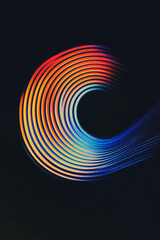 A retro-futuristic animation of a vibrant elliptical form with alternating stripes of red, orange,