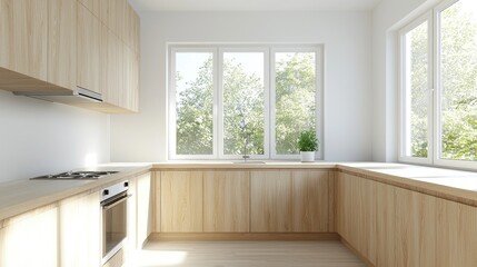 Modern light wood kitchen interior design, sunny window, trees outside, home decor