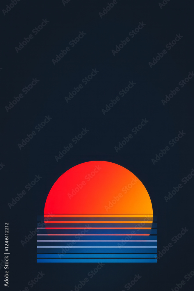Poster a sleek visual featuring an elliptical shape with horizontal stripes in fiery colors of red,