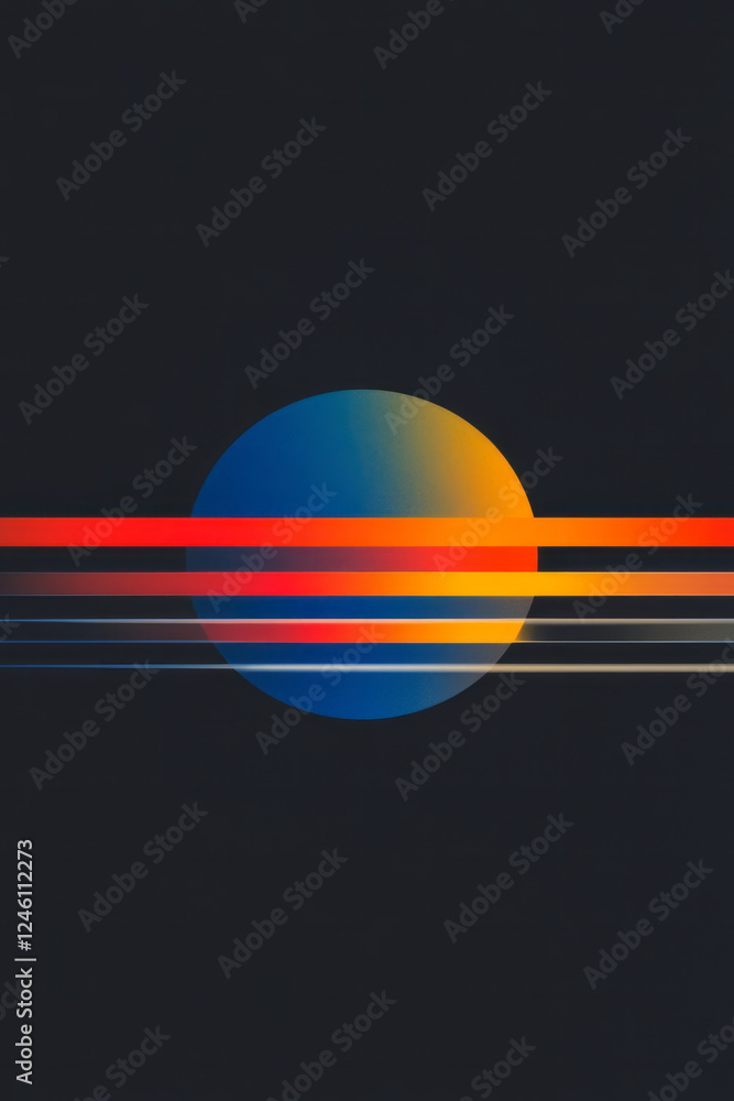Poster A sleek visual featuring an elliptical shape with horizontal stripes in fiery colors of red,