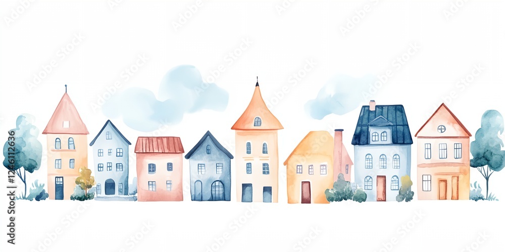 Poster row of houses with a tree in the background