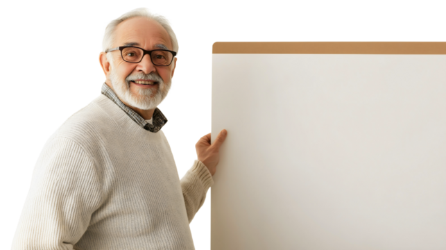 Smiling Elderly Man with White Beard in Casual Clothing Pointing at Blank Sign for Educational Presentation - Powered by Adobe