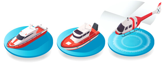 Isometric illustration of two rescue boats and a helicopter in red and white colors on blue circular platforms. Emergency transport concept. Vector illustration