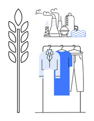 Clothing on hangers, industrial factories emitting smoke, and a wheat plant stem. Ideal for sustainability, fashion production, environmental impact, eco-friendly initiatives, industrial processes