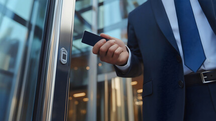 Professional Businessman Entering Modern Office with Smartphone in Stylish Attire