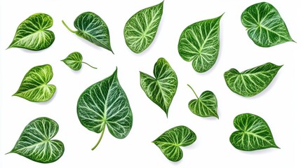 A photostock of floating tropical green leaves with detailed veins, arranged artistically, isolated on a clean white background, fresh and elegant, High Quality