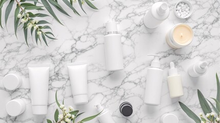 Various white cosmetic containers on marble surface. mockup, branding.