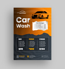 Car wash detailing price list flyer. Professional auto cleaning business advertising template with service packages and contact details.