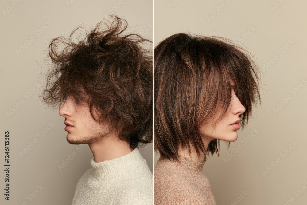 Poster side by side comparison of unkempt hair and trendy haircut showcasing different looks and styles. ge