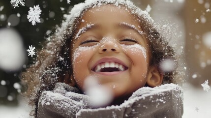 Fototapeta premium A joyful child experiencing the magic of a snowy day with snowflakes